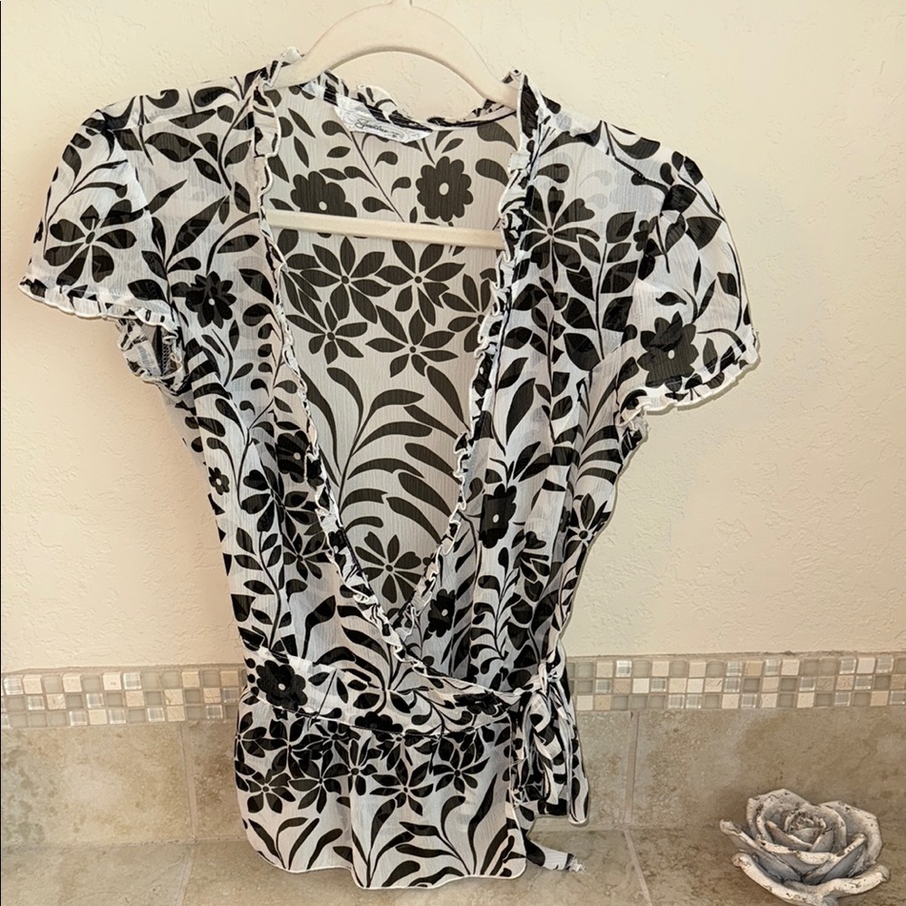 Floral Black and White Wrap Top